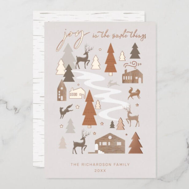 Simple Joy Woodland Animals & Cozy Village Photo Rose Gold Foil Holiday Card