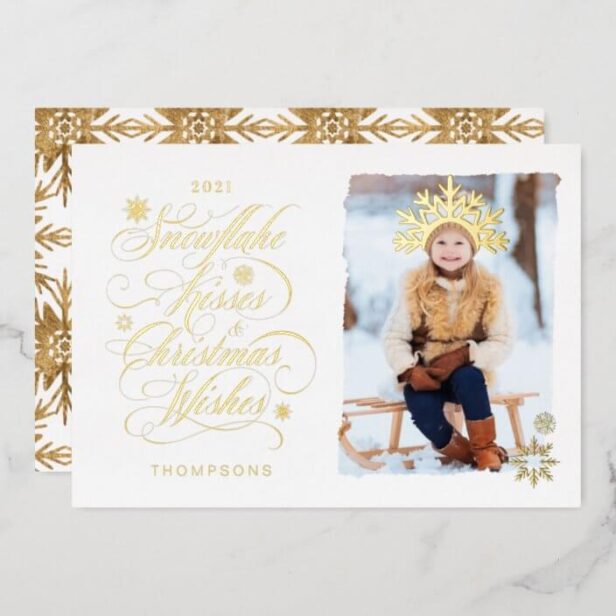 Snowflake Kiss Christmas Wishes Gold Script Photo Gold Foil Holiday Card