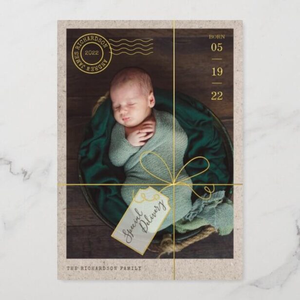 Special Delivery Parcel Baby Birth Stats & Photo Gold Foil Holiday Card