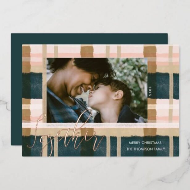 Together Modern Green Pink Watercolor Plaid Photo Rose Gold Foil Green Holiday Card