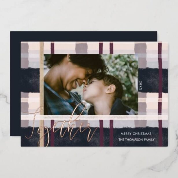 Together Modern Navy Purple Watercolor Plaid Photo Foil Holiday Card