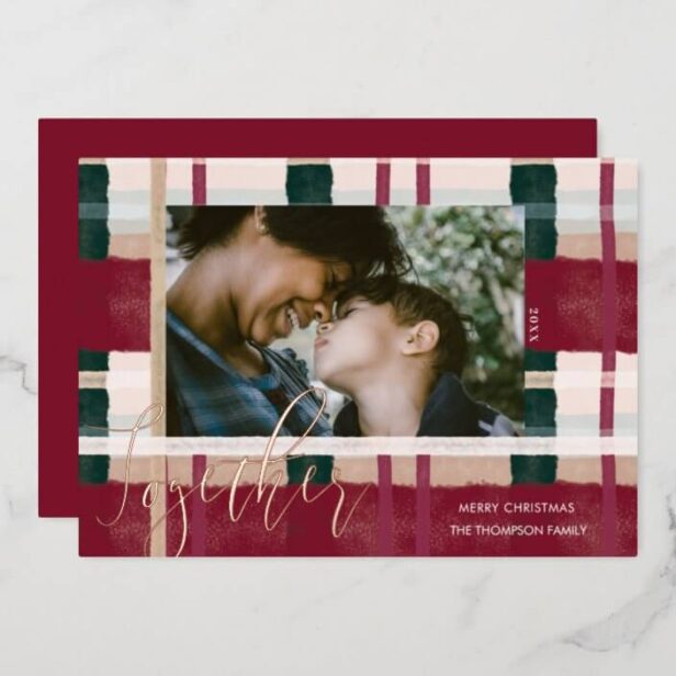 Together Modern Red & Green Watercolor Plaid Photo Gold Foil Holiday Card