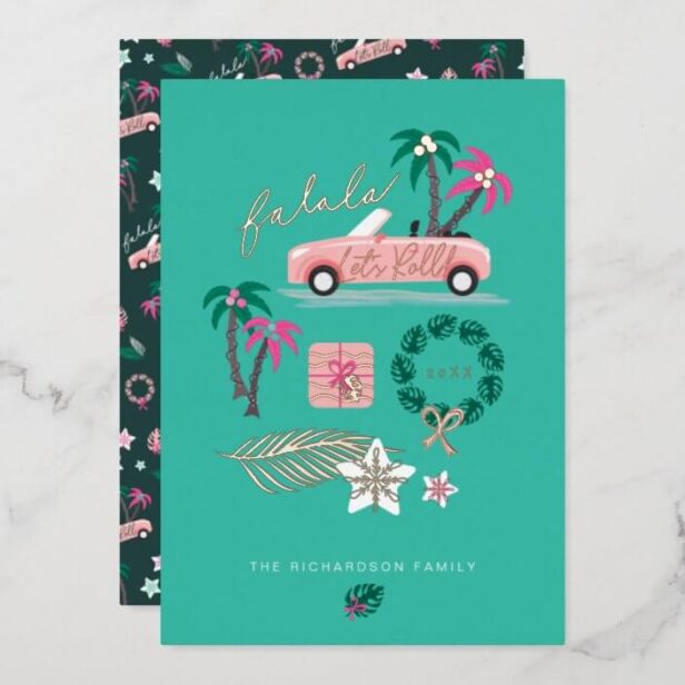 Tropical Christmas Fala Lets Roll Pink Convertible Gold Foil Holiday Card
