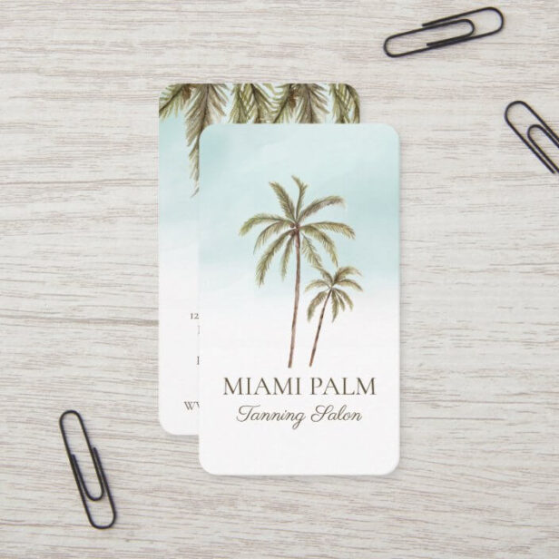 Tropical Watercolor Palm Tree Tanning Salon Business Card