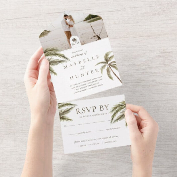 Tropical Watercolor Palm Trees Boho Wedding Photo All In One Invitation