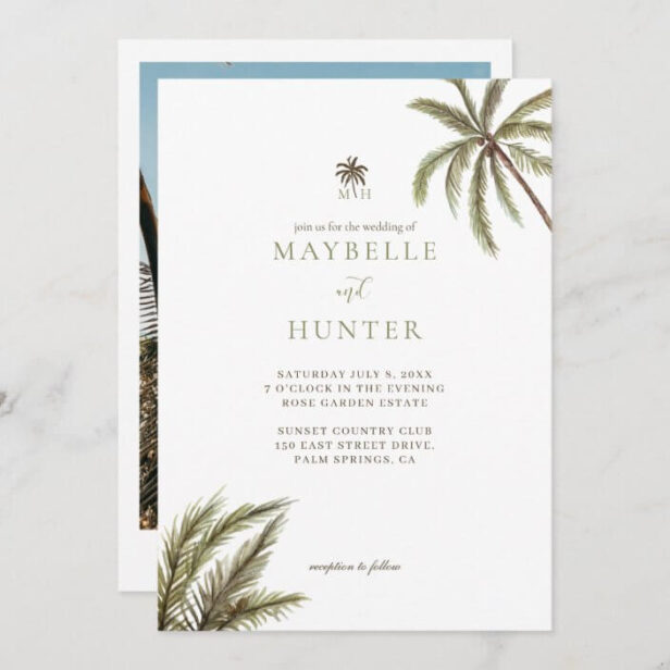Tropical Watercolor Palm Trees Boho Wedding Photo Invitation