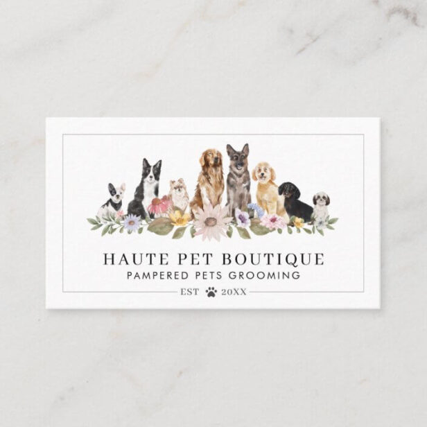 Watercolor Dog Breeds Wildflowers Pet Groomer Business Card