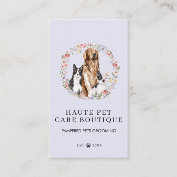 Watercolor Dogs Wildflower Wreath Pet Care Business Card