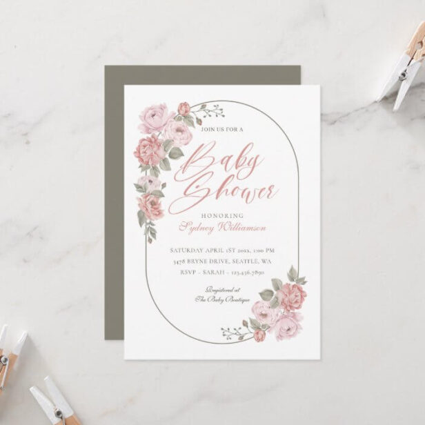 Watercolor Pink Peony Floral Blossom Baby Shower Invitation