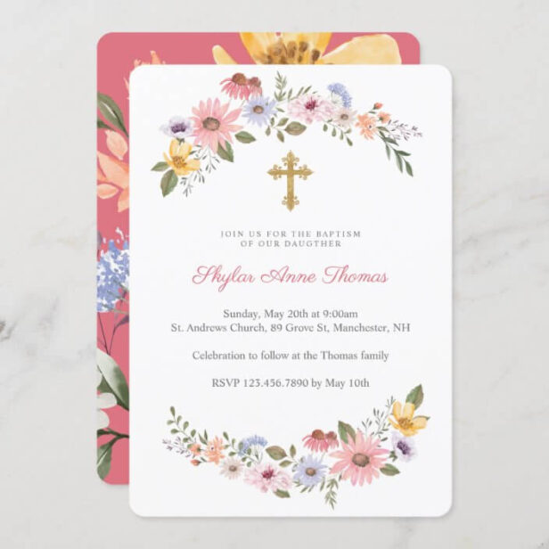 Watercolor Wildflower Floral Wreath Baptism Invitation