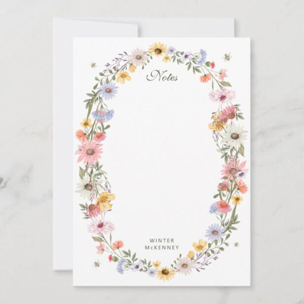 Watercolor Wildflower Wreath Bee Personalized Name Note Card
