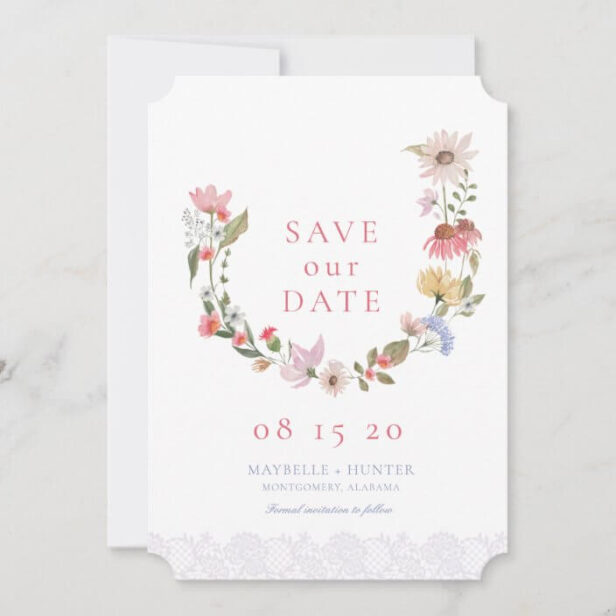 Watercolor Wildflower Wreath & Lace Save The Date