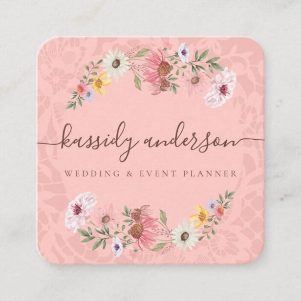 Watercolor Wildflowers Floral Wreath Pink Square Business Card