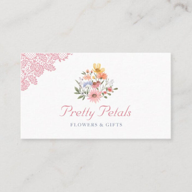 Watercolor Wildflowers Flowers & Pink Lace Busine Business Card