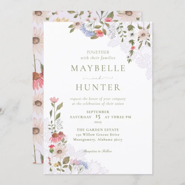 Watercolor Wildflowers, Foliage & Lace Wedding Invitation