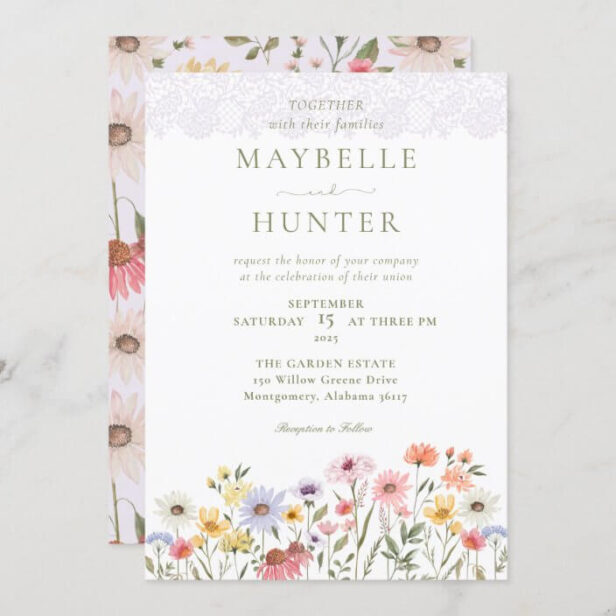Watercolor Wildflowers, Foliage & Lace Wedding Invitation