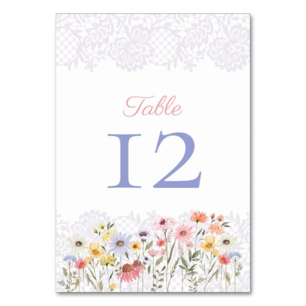 Watercolor Wildflowers, Foliage & Lace Wedding Table Number