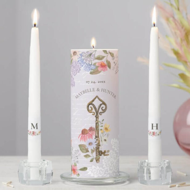 Watercolor Wildflowers Lace Vintage Key Wedding Unity Candle Set