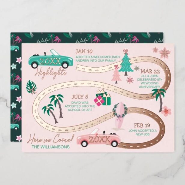 Year End Highlight Tropical Christmas Let's Roll Rose Gold Foil Holiday Card