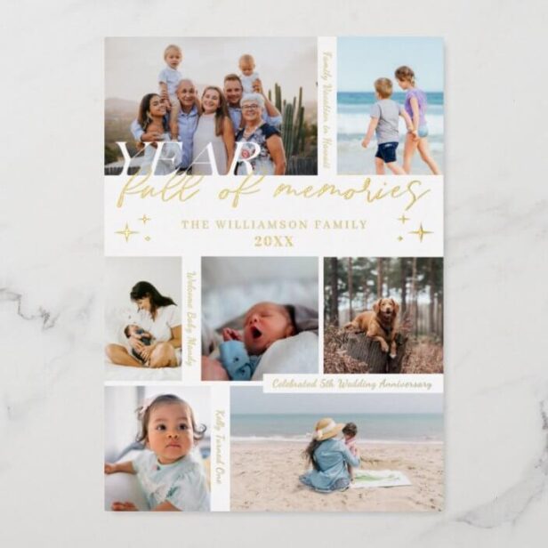 Year Full of Memories Photo Collage & Highlights Gold Foil Holiday Card