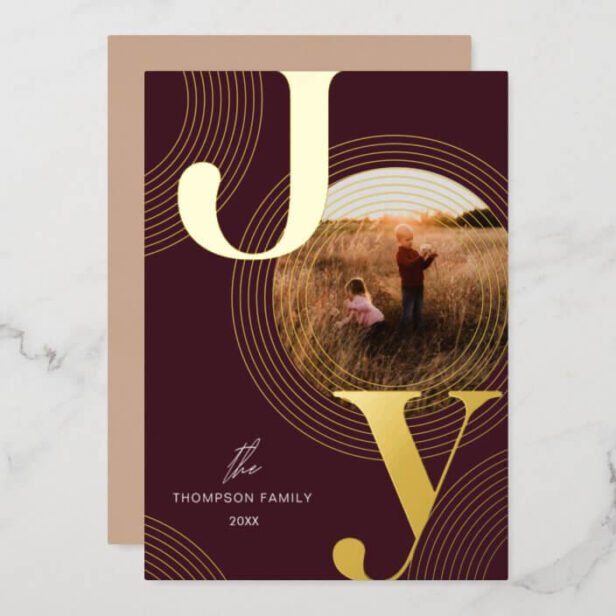 Ripples of Joy Modern Concentric Circles Photo Gold Foil Burgundy Holiday Card