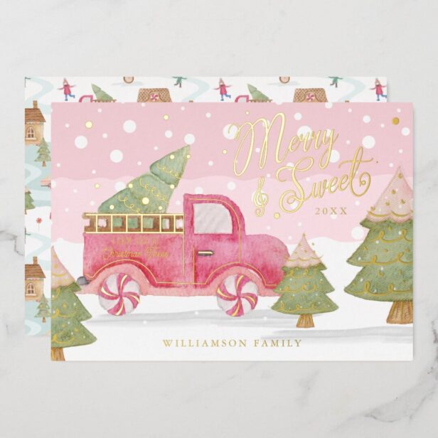 Farm Fresh Christmas Trees Red Vintage Truck Gold Foil Holiday Card
