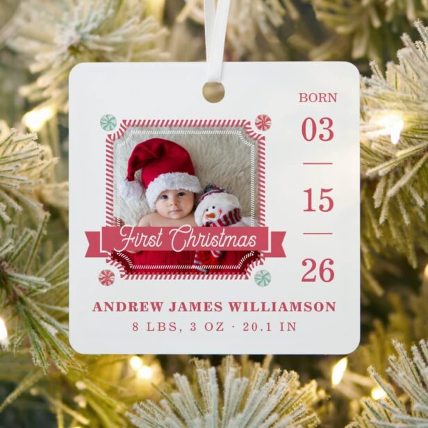 First Christmas Baby Birth Stats Photo Candy Cane Metal Ornament