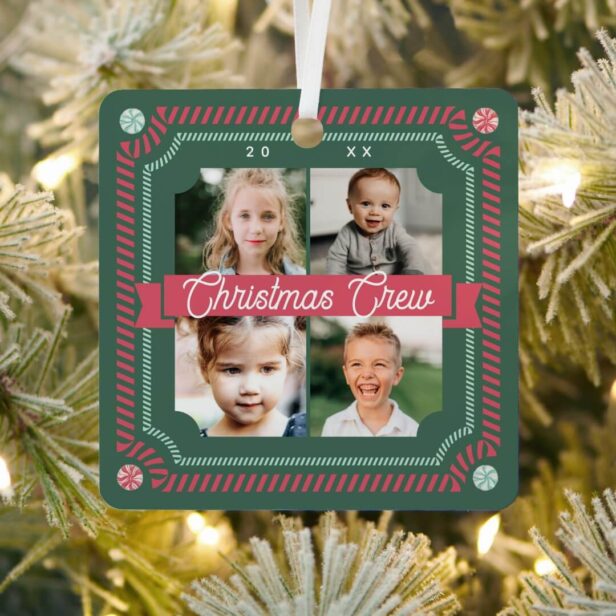 Fun Candy Christmas Crew Candy Cane 4 Photo Frame Green Metal Ornament