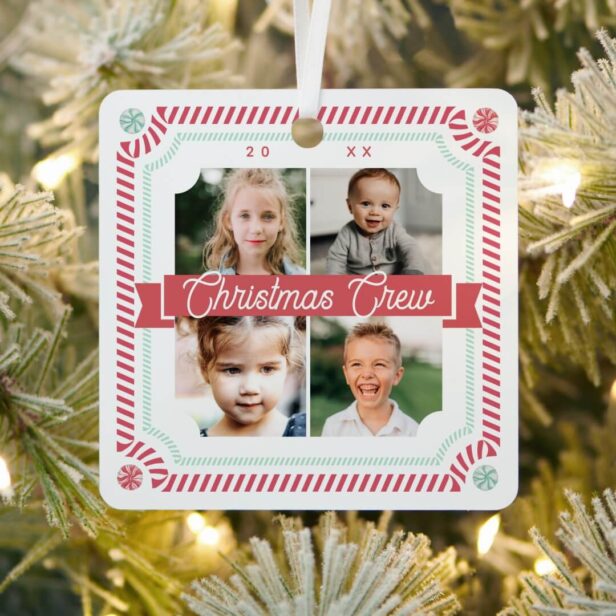 Fun Candy Christmas Crew Candy Cane 4 Photo Frame Metal Ornament