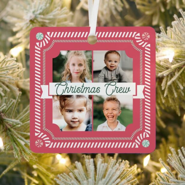 Fun Candy Christmas Crew Candy Cane 4 Photo Red Frame Metal Ornament