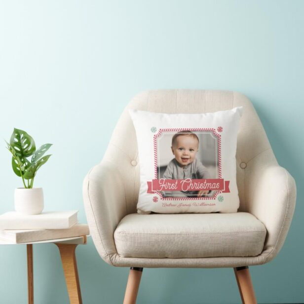 Fun Candy First Christmas Candy Cane Photo Frame Throw Pillow