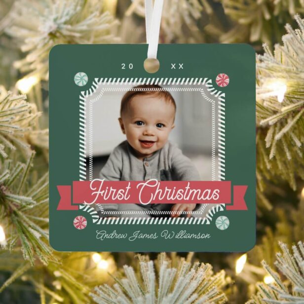 Fun Candy First Christmas Candy Cane Photo Frame Green Metal Ornament