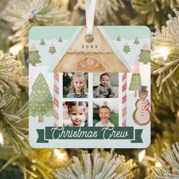 Fun Candy Gingerbread House Christmas Crew 4 Photo Metal Ornament
