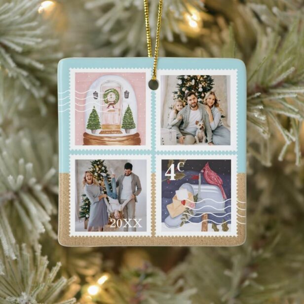 Fun Festive Christmas Family Photos Postage Stamps Blue Ceramic Ornament