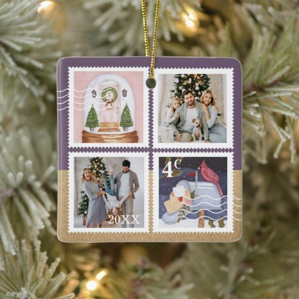 Fun Festive Christmas Family Photos Postage Stamps Ceramic Purple Ornament