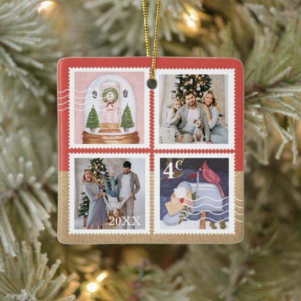 Fun Festive Christmas Family Photos Postage Stamps Red Ceramic Ornament