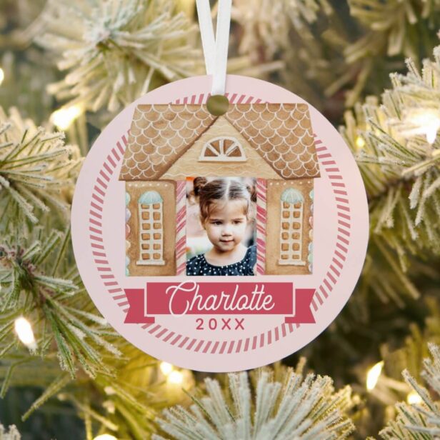 Fun Watercolor Gingerbread House Photo Candy Cane Metal Pink Ornament