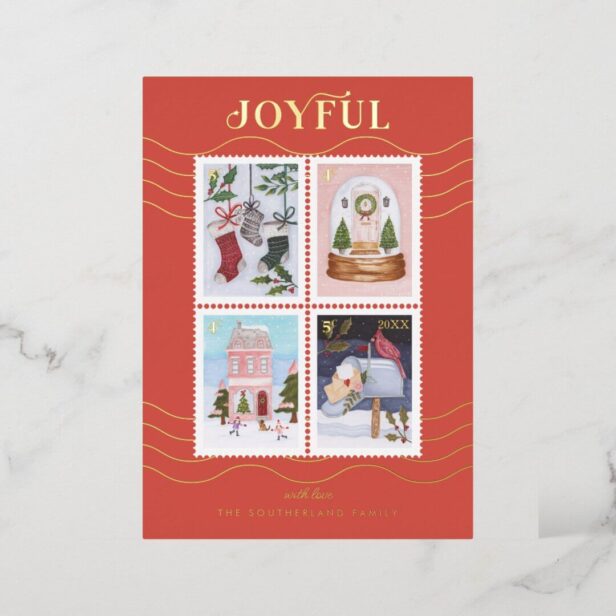 Joyful Festive Christmas Scenes Postage Stamps Gold Foil Holiday Card
