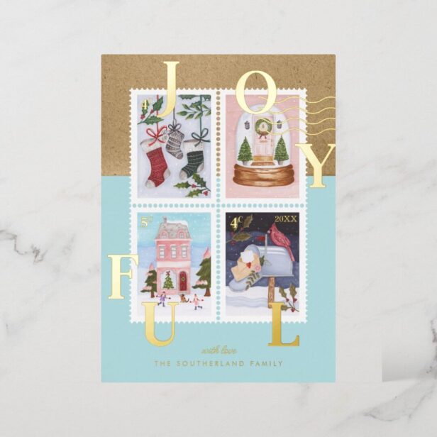 Joyful Fun Festive Christmas Scenes Postage Stamps Gold Foil Holiday Card