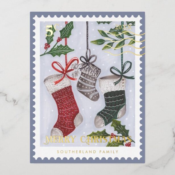Merry Christmas Family Stockings Postage Stamp Gold Foil Holiday Postcard