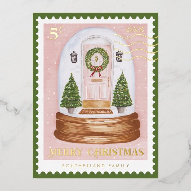 Merry Christmas Pink Door Snowglobe Postage Stamp Gold Foil Holiday Postcard
