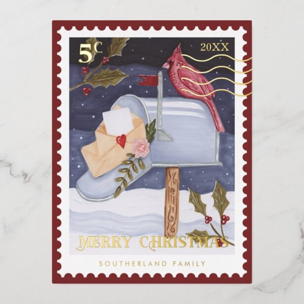 Merry Christmas Red Cardinal Mailbox Postage Stamp Gold Foil Holiday Postcard