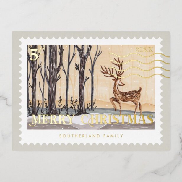 Merry Christmas Reindeer Forest Postage Stamp Gold Foil Holiday Postcard