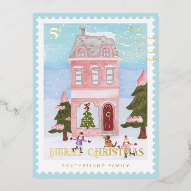 Merry Christmas Snowy Festive House Postage Stamp Gold Foil Holiday Postcard