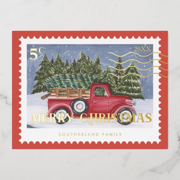 Merry Christmas Vintage Red Truck Postage Stamp Gold Foil Holiday Postcard