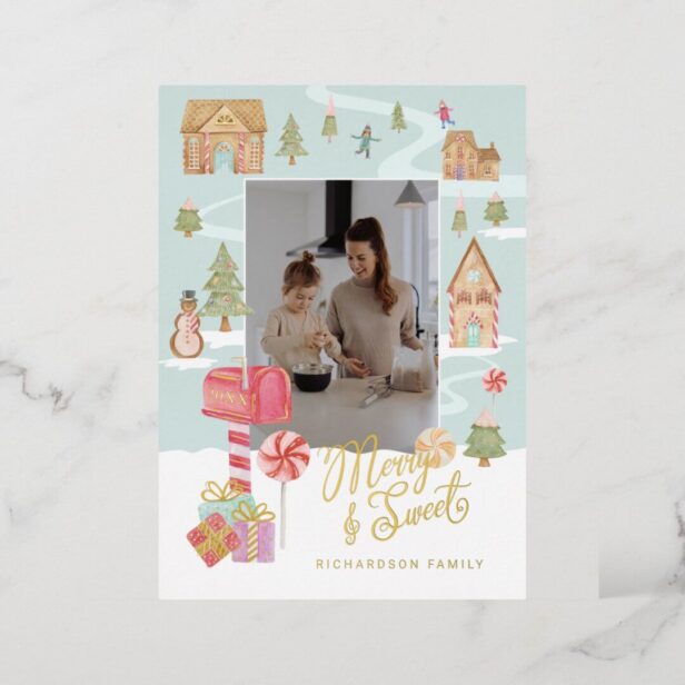 Merry & Sweet Gingerbread Candy Town Family Photo Foil Holiday Card