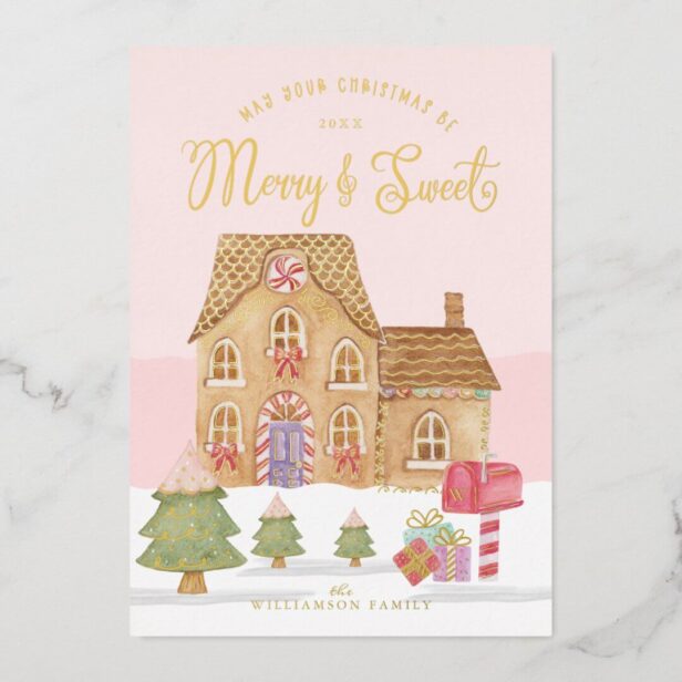 Merry & Sweet Watercolor Gingerbread Candy Village Foil Holiday Card
