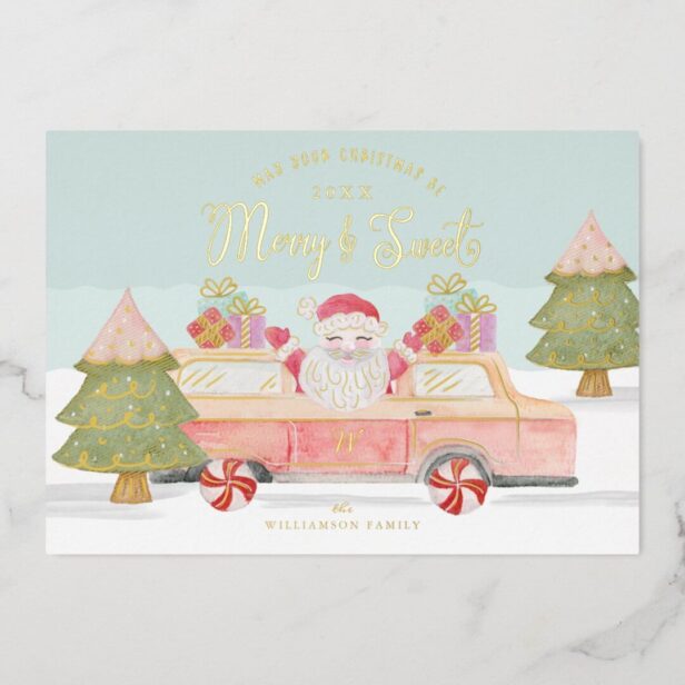 Merry & Sweet Watercolor Vintage Pink Van Santa Foil Holiday Card