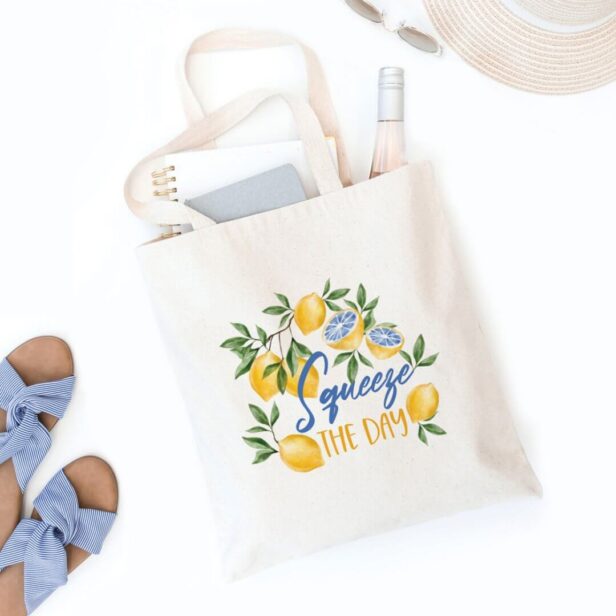 Squeeze The Day Blue And Yellow Watercolor Lemons Tote Bag