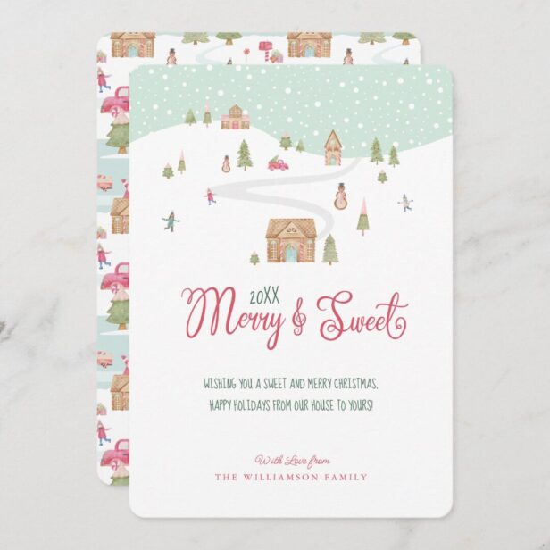 Merry & Sweet Watercolor Gingerbread Candy Town Holiday Card